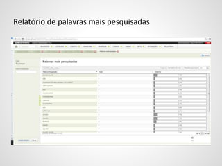 Relatório de palavras mais pesquisadas
Foi implementado o relatório de Palavras mais pesquisadas.
 