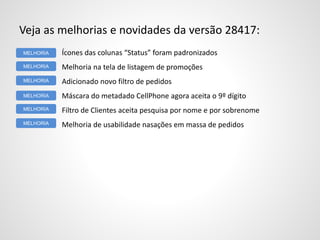 Veja as melhorias e novidades da versão 28417:
Ícones das colunas “Status” foram padronizados
Melhoria na tela de listagem de promoções
Adicionado novo filtro de pedidos
Máscara do metadado CellPhone agora aceita o 9º dígito
Filtro de Clientes aceita pesquisa por nome e por sobrenome
Melhoria de usabilidade nasações em massa de pedidos
MELHORIA
MELHORIA
MELHORIA
MELHORIA
MELHORIA
MELHORIA
 