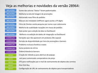 Veja as melhorias e novidades da versão 28964:
Ícones das colunas “Status” foram padronizados
Melhoria na tela de listagem de promoções
Adicionado novo filtro de pedidos
Máscara do metadado CellPhone agora aceita o 9º dígito
Filtro de Clientes aceita pesquisa por nome e por sobrenome
Melhoria de usabilidade nasações em massa de pedidos
Date picker para seleção da data na Dashboard
Melhoria na exibição de dados de integração na Dashboard
Variações que não aparecem em produtos (No Layout)
Período de disponibilidade por hora de promoções e banners
Problema na busca fonética e exata
Some produto da vitrine
Ordem/relevância banners
Criação de método js para abertura de popups
xml para customizado comparadores de preço
OTS para notificações por e-mail de rastreamento de objetos dos correios
One Click Buy
Configuração de URL de rastreamento de objetos para transportadoras
MELHORIA
MELHORIA
MELHORIA
MELHORIA
MELHORIA
MELHORIA
CORREÇÃO
CORREÇÃO
NOVO
CORREÇÃO
CORREÇÃO
CORREÇÃO
NOVO
NOVO
NOVO
MELHORIA
MELHORIA
NOVO
 