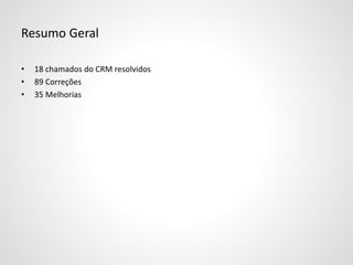 Resumo Geral
• 18 chamados do CRM resolvidos
• 89 Correções
• 35 Melhorias
 