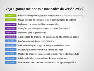 Veja algumas melhorias e novidades da versão 29389:
Habilitação de promoções por ações externas (Compartilhar no Facebook)
Novos campos de configuração em configurações do sistema
Problemas na busca fonética do suggestion
Variações que não aparecem em produtos (No Layout)
Problema com as promoções
A ordenação de produtos na lista não está obedecendo a ordem
Configurações de Login com F-Control
Melhoria no layout e logs de integração da dashboard
Utilizar peso para ordenar os Banners do Slider
Opções de produtos inclusos/não inclusos nos feeds de produto
Adicionado filtro por posição de banner nos banners
Link para ver mais pedidos do cliente na listagem de pedidos
MELHORIA
MELHORIA
CORREÇÃO
CORREÇÃO
CORREÇÃO
CORREÇÃO
MELHORIA
MELHORIA
NOVO
NOVO
MELHORIA
MELHORIA
 