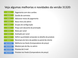 Veja algumas melhorias e novidades da versão 31320:
Pagamento com dois cartões
Gestão de contratos
Adicionar meios de pagamento
Novo menu do admin
Grupos de configuração
Preço com desconto da promoção
News por canal
Avaliação por canal
Definir quantidade comprada no detalhe do produto
Recompra de itens do pedido no painel do cliente
Melhoria nos feeds (Comparadores de preço)
Mostrar pais do Sku no admin
Preview de E-mail
Preview nos Feeds (Comparadores de preço)
NOVO
MELHORIA
NOVO
NOVO
NOVO
NOVO
NOVO
NOVO
NOVO
MELHORIA
MELHORIA
MELHORIA
NOVO
NOVO
 