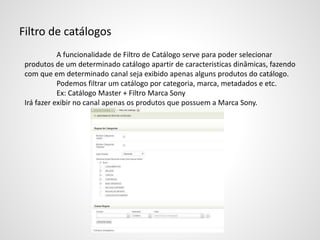 Filtro de catálogos
A funcionalidade de Filtro de Catálogo serve para poder selecionar
produtos de um determinado catálogo apartir de caracteristicas dinâmicas, fazendo
com que em determinado canal seja exibido apenas alguns produtos do catálogo.
Podemos filtrar um catálogo por categoria, marca, metadados e etc.
Ex: Catálogo Master + Filtro Marca Sony
Irá fazer exibir no canal apenas os produtos que possuem a Marca Sony.
 