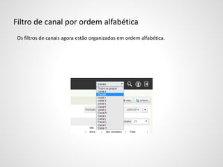 Filtro de canal por ordem alfabética
Os filtros de canais agora estão organizados em ordem alfabética.
 