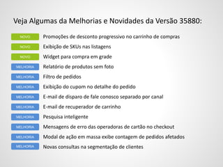 Veja Algumas da Melhorias e Novidades da Versão 35880:
Promoções de desconto progressivo no carrinho de compras
Exibição de SKUs nas listagens
Widget para compra em grade
Relatório de produtos sem foto
Filtro de pedidos
Exibição do cupom no detalhe do pedido
E-mail de disparo de fale conosco separado por canal
E-mail de recuperador de carrinho
Pesquisa inteligente
Mensagens de erro das operadoras de cartão no checkout
Modal de ação em massa exibe contagem de pedidos afetados
Novas consultas na segmentação de clientes
NOVO
NOVO
MELHORIA
MELHORIA
NOVO
MELHORIA
MELHORIA
MELHORIA
MELHORIA
MELHORIA
MELHORIA
MELHORIA
 