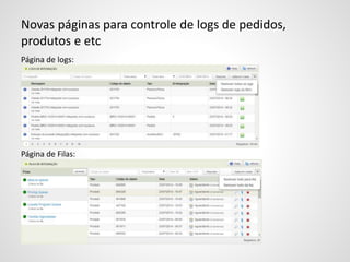 Novas páginas para controle de logs de pedidos,
produtos e etc
Página de logs:
Página de Filas:
 