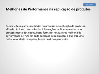 Melhorias de Performance na replicação de produtos
MELHORIA
Foram feitas algumas melhorias no processo de replicação de produtos,
afim de diminuir o tamanho das informações replicadas e otimizar o
processamento dos dados, desta forma foi notada uma melhoria de
performance de 75% em cada operação de replicação, o que traz uma
maior velocidade na replicação dos produtos para o site.
 