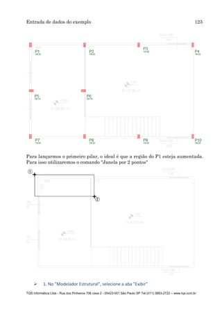 Entrada de dados do exemplo 125
TQS Informática Ltda - Rua dos Pinheiros 706 casa 2 - 05422-001 São Paulo SP Tel (011) 3883-2722 – www.tqs.com.br
Para lançarmos o primeiro pilar, o ideal é que a região do P1 esteja aumentada.
Para isso utilizaremos o comando "Janela por 2 pontos"
 1. No "Modelador Estrutural", selecione a aba "Exibir"
 