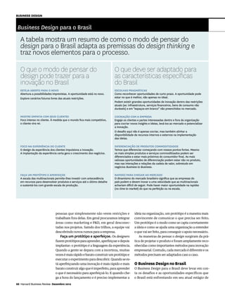 Business Design


 Business Design para o Brasil
   A tabela mostra um resumo de como o modo de pensar do
   design para o Brasil adapta as premissas do design thinking e
   traz novos elementos para o processo.

   O que o modo de pensar do                                               O que deve ser adaptado para
   design pode trazer para a                                               as características específicas
   inovação no Brasil                                                      do Brasil
   Esteja aberto para o novo                                               Escolhas pragmáticas
   Abertura a possibilidades imprevistas. A oportunidade está no novo.     Como reconhecer oportunidades de curto prazo. A oportunidade pode
   Explore cenários futuros livres das atuais restrições.                  estar no que é melhor, não apenas no ideal.
                                                                           Podem existir grandes oportunidades de inovação dentro das restrições
                                                                           atuais (ex: infraestrutura, serviços financeiros, bens de consumo não
                                                                           duráveis) e em “espaços em branco” não preenchidos no mercado.

   Mostre empatia com seus clientes                                        Cocriação com a empresa
   Foco intenso no cliente. À medida que o mundo fica mais competitivo,    Engaje os clientes e partes interessadas dentro e fora da organização
   o cliente vira rei.                                                     para cocriar novos insights e ideias, levá-los ao mercado e potencializar
                                                                           a inovação.
                                                                           O desafio aqui não é apenas cocriar, mas também alinhar a
                                                                           disponibilidade de recursos internos e externos na implementação
                                                                           das ideias.

   Foco na experiência do cliente                                          Diferenciação de produtos commoditizados
   O design da experiência dos clientes impulsiona a inovação.             Temos que diferenciar começando com nossos pontos fortes. Mesmo
   A implantação da experiência certa gera o crescimento dos negócios.     os mais simples produtos e serviços commoditizados podem ser
                                                                           diferenciados e estar mais próximos do consumidor final. As mais
                                                                           valiosas oportunidades de diferenciação podem estar não no produto,
                                                                           mas nas interações e relações da cadeia de valor, sobretudo em
                                                                           negócios Business to Business.

   Faça um protótipo e aperfeiçoe                                          Rapidez para chegar ao mercado
   A escala das multinacionais permite-lhes investir com antecedência      O dinamismo do mercado brasileiro significa que as empresas do
   em recursos para desenvolver produtos e serviços até o último detalhe   país podem e devem inovar a uma velocidade que as multinacionais
   e sustentá-los com grande escala de produção.                           achariam difícil de seguir. Pode haver maior oportunidade na rapidez
                                                                           (no time to market) do que na perfeição ou na escala.




                               pessoas que simplesmente não veem restrições e              ideia na organização, um protótipo é a maneira mais
                               trabalham fora delas. Em geral procuramos integrar          convincente de comunicar o que precisa ser feito.
                               áreas como marketing e PD, em geral desconec-              Um protótipo é o modo como se capta corretamente
                               tadas nos projetos. Saindo dos trilhos, a equipe vai        a ideia e como se ajuda uma organização a entender
                               descobrindo novos rumos para a empresa.                     o que vai ser feito, para conseguir o apoio necessário.
                                   Faça um protótipo e aperfeiçoe. Os designers                As maneiras de pensar o design surgiram da prá-
                               fazem protótipos para aprender, aperfeiçoar e depois        tica de projetar o produto e foram amplamente reco-
                               implantar: o protótipo é a linguagem da experiência.        nhecidas como importantes métodos para inovação
                               Quando a gente se depara com a incerteza, muitas            empresarial. Contudo, cada mercado é diferente e os
                               vezes é mais rápido e barato construir um protótipo e       métodos precisam ser adaptados caso a caso.
                               executar o experimento para descobrir. Quando se es-
                               tá aperfeiçoando uma inovação é mais rápido e mais          O Business Design no Brasil
                               barato construir algo que é imperfeito, para aprender       O Business Design para o Brasil deve levar em con-
                               o que é necessário para aperfeiçoá-lo. E quando che-        ta os desafios e as oportunidades específicos que
                               ga a hora do lançamento e é preciso implementar a           o Brasil está enfrentando em seu atual estágio de

66 Harvard Business Review Dezembro 2012
   
 