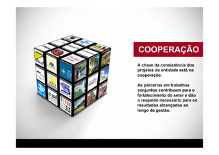 COOPERAÇÃO
A chave da consistência dos
projetos da entidade está na
cooperação.

As parcerias em trabalhos
conjuntos contribuem para o
fortalecimento do setor e dão
o respaldo necessário para os
resultados alcançados ao
longo da gestão.
 
