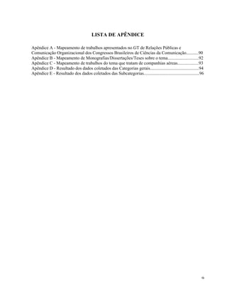   9	
  
LISTA DE APÊNDICE
Apêndice A - Mapeamento de trabalhos apresentados no GT de Relações Públicas e
Comunicação Organizacional dos Congressos Brasileiros de Ciências da Comunicação...........90
Apêndice B - Mapeamento de Monografias/Dissertações/Teses sobre o tema............................92
Apêndice C - Mapeamento de trabalhos do tema que tratam de companhias aéreas...................93
Apêndice D - Resultado dos dados coletados das Categorias gerais............................................94
Apêndice E - Resultado dos dados coletados das Subcategorias..................................................96
	
  
	
  
	
  
	
  
	
  
	
  
	
  
	
  
	
  
	
  
	
  
	
  
	
  
	
  
	
  
	
  
	
  
	
  
	
  
	
  
	
  
	
  
	
  
	
  
	
  
	
  
	
  
	
  
	
  
	
  
	
  
	
  
	
  
	
  
 