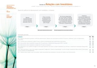 Indicador 54:

Segundo Eixo de Avaliação

Tema
MERCADO

Relações com Investidores

ISO 26000 – Princípio 4.3 e Item 5.3.3; GRI – Parte 2 – Governança, Compromissos e Engajamento: 4.4 e Engajamento dos Stakeholders: 4.17

AVALIAÇÃO DOS
TEMAS CENTRAIS DE
RESPONSABILIDADE SOCIAL

Quanto às políticas de relacionamento com investidores, a empresa:

SUBTEMA

Mantém
um relacionamento
conforme demanda,
sem área específica
destinada a esse fim.

Possui uma área
de relacionamento
formalizada e com
profissional alocado
especificamente
para a função.

Tem formas programadas
de comunicação e prestação
de contas, de modo a permitir
fluxo de informações relevantes
e constantes dos aspectos
sociais, ambientais, econômicofinanceiros e de governança.

Estabelece
processos de engajamento
com investidores nas suas
iniciativas de responsabilidade
social e na elaboração de
políticas e normas internas
que tratam dos aspectos da
sustentabilidade na gestão.

Estágio 1

RELAÇÕES COM
INVESTIDORES

Estágio 2

Estágio 3

Estágio 4

Não havíamos tratado antes desse assunto.

Não vemos aplicação disso em nossa empresa (Justifique).

Informações adicionais

A empresa:

Sim

Não

54.1. Reporta informativos periódicos, verificados externamente, relatando seu desempenho econômico-financeiro, ambiental, social e em governança
corporativa.
54.2. Incentiva seus investidores a adotar formas e critérios socioambientais para investimentos responsáveis.
54.3. Recomenda a seus investidores a adoção dos Princípios para o Investimento Responsável (PRI)70, da ONU.
54.4. Recomenda a seus investidores a adoção dos Princípios do Equador71.
54.5. Apresenta em seu portfólio de negócios informações específicas para atrair e receber investidores que priorizam o investimento responsável (Responsible
Investment).
54.6. Desenvolve todos os seus novos negócios adequados a exigências e critérios socioambientais, com fins de atrair investidores diferenciados e preocupados
com as questões da sustentabilidade.
54.7. Quando oferece ações a seus funcionários, realiza treinamentos para apresentar o mercado de capitais e seu funcionamento.

98

 