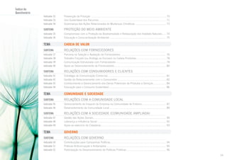 Índice do
Questionário
Indicador 32	
Indicador 33	
Indicador 34	

Prevenção da Poluição .................................................................................................... 70
Uso Sustentável dos Recursos.......................................................................................... 71
Governança das Ações Relacionadas às Mudanças Climáticas.......................................... 73

Subtema 	

Proteção do Meio Ambiente

Indicador 35	
Indicador 36	

Compromisso com a Proteção da Biodiversidade e Restauração dos Habitats Naturais...... 74
Educação e Conscientização Ambiental............................................................................ 75

TEMA 	

CADEIA DE VALOR

Subtema	

Relações com Fornecedores

Indicador 37	
Indicador 38	
Indicador 39	
Indicador 40	

Parceria na Seleção e Avaliação de Fornecedores.............................................................
Trabalho Forçado (ou Análogo ao Escravo) na Cadeia Produtiva........................................
Comunicação Estruturada com Fornecedores...................................................................
Apoio ao Desenvolvimento de Fornecedores......................................................................

Subtema 	

Relações com Consumidores e Clientes

Indicador 41	
Indicador 42	
Indicador 43	
Indicador 44	

Estratégia de Comunicação Comercial...............................................................................
Gestão do Relacionamento com o Consumidor..................................................................
Conhecimento e Gerenciamento dos Danos Potenciais de Produtos e Serviços..................
Educação para o Consumo Sustentável.............................................................................

TEMA	

COMUNIDADE E SOCIEDADE

SubtemA 	

Relações com a Comunidade Local

Indicador 45	
Indicador 46	

Gerenciamento do Impacto da Empresa na Comunidade de Entorno................................. 87
Desenvolvimento da Comunidade Local............................................................................ 89

Subtema 	

Relações com a Sociedade (comunidade ampliada)

Indicador 47	
Indicador 48	
Indicador 49	

Gestão das Ações Sociais.................................................................................................. 90
Liderança e Influência Social............................................................................................ 92
Apoio ao exercício da Cidadania........................................................................................ 93

TEMA 	

GOVERNO

Subtema 	

Relações com Governo

Indicador 50	
Indicador 51	
Indicador 52	

Contribuições para Campanhas Políticas........................................................................... 94
Práticas Anticorrupção e Antipropina................................................................................ 95
Participação no Desenvolvimento de Políticas Públicas..................................................... 96

76
78
79
80

81
82
84
86

16

 