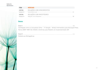 Índice do
Questionário

TEMA 	

MERCADO

Subtema	

Relações com Concorrentes

Indicador 53	

Concorrência Leal............................................................................................................. 97

Subtema	

Relações com Investidores

Indicador 54	

Relações com Investidores................................................................................................ 98

Anexos
Anexo A............................................................................................................................................ 102
Correlações entre os Indicadores Ethos – 3ª Geração – Versão Intermediária para Aplicação-Piloto,
Norma ABNT NBR ISO 26000 e Diretrizes para Relatório de Sustentabilidade GRI

Anexo B............................................................................................................................................ 111
Referências Bibliográficas

17

 