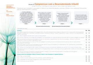 Indicador 28:

Segundo Eixo de Avaliação
AVALIAÇÃO DOS
TEMAS CENTRAIS DE
RESPONSABILIDADE SOCIAL
Tema
Público INterno
SUBTEMA
PRÁTICAS DE TRABALHO

Compromisso com o Desenvolvimento Infantil

ISO 26000 – Item 6.4.4; GRI – Práticas Trabalhistas e Trabalho Decente (LA) – Aspectos: Emprego e Saúde e Segurança no Trabalho

Entendendo que a proteção à maternidade e à infância é um direito das gerações presentes e futuras e uma contribuição fundamental
para seu desenvolvimento, a empresa:
Cumpre a legislação
em vigor relativa à proteção
da maternidade, paternidade,
amamentação e creche e proíbe
formalmente qualquer tipo
de discriminação à empregada
gestante e a empregados
com filhos menores de 6 anos
em processos admissionais,
em promoções ou na
mobilidade interna.
Estágio 1

Possui políticas e/ou iniciativas
para facilitar a consulta
pré-natal e o acompanhamento
da infância dos filhos de seus
empregados, além de oferecer
meios que permitam
a participação masculina
no acompanhamento
desses períodos.

Integra o desenvolvimento
dessas políticas e/ou
iniciativas às ações destinadas
ao desenvolvimento pessoal
e profissional de seus
empregados e estende
a discussão do tema
a seus fornecedores.

Estágio 2
Não havíamos tratado antes desse assunto.

Envolve-se na elaboração
de políticas públicas voltadas
à promoção dos direitos da
infância e na conscientização
da sociedade sobre o tema.

Estágio 3

Estágio 4

Não vemos aplicação disso em nossa empresa (Justifique).

Informações adicionais

A empresa:

Sim

Não

28.1. Oferece programa de orientação aos empregados sobre como se dá o desenvolvimento integral da criança por meio do fortalecimento das competências
familiares39 (cuidados com o nascimento, alimentação saudável, prevenção de doenças, proteção à integridade da criança e estímulo ao seu desenvolvimento
cognitivo e emocional).
28.2. Oferece programa específico para a saúde da mulher gestante.
28.3. Promove campanhas de imunização dos empregados e seus dependentes com vacinas não oferecidas pela rede pública de saúde (a antigripal, por exemplo).
28.4. Faz acompanhamento periódico da cobertura vacinal e do crescimento e desenvolvimento dos filhos dos empregados, solicitando e verificando
a Caderneta de Saúde da Criança do Ministério da Saúde.
28.5. Faz acompanhamento da inclusão dos filhos dos empregados na escola, por meio de solicitação de comprovantes de matrícula (particularmente
das crianças com deficiência).
28.6. Possui política específica para os empregados que sejam pais de crianças com deficiência, ou responsáveis por elas, garantindo-lhes a possibilidade
de acompanhar seu desenvolvimento de forma adequada.
28.7. Contribui com fundos geridos pelos conselhos dos direitos da criança e do adolescente, destinando para esse fim 1% do Imposto de Renda devido.
28.8. Informa e estimula os empregados a destinar até 6% do Imposto de Renda devido à contribuição com fundos geridos pelos conselhos dos direitos da criança
e do adolescente.
28.9. Informa e estimula os fornecedores e empresas parceiras a destinar 1% do Imposto de Renda devido à contribuição com fundos geridos
pelos conselhos dos direitos da criança e do adolescente.

A empresa oferece aos empregados (mulheres e homens) de todos os níveis hierárquicos os seguintes benefícios:
28.10. Plano de saúde familiar;
28.11. Creche no local de trabalho ou por rede conveniada, conforme determina a lei;
28.12. Flexibilidade de horário para empregados com filhos menores de 6 anos;
28.13. Auxílio para educação dos filhos.
63

 