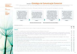 Indicador 41:

Segundo Eixo de Avaliação
AVALIAÇÃO DOS
TEMAS CENTRAIS DE
RESPONSABILIDADE SOCIAL
Tema

Estratégia de Comunicação Comercial

ISO 26000 – Itens 6.7.1.2, 6.7.3.2, 6.7.9.2 e Box 11; GRI – Parte 2: Estratégia e Análise: 1.1 e 1.2; Direitos Humanos (HR) – Aspectos: Práticas de Investimento e de Processos de Compra e Não Discriminação;
Responsabilidade pelo Produto (PR) – Aspectos: Saúde e Segurança do Cliente, Rotulagem de Produtos e Serviços, Comunicações de Marketing, Privacidade do Cliente e Conformidade

Considerando a importância de comunicar informações relevantes de modo transparente e abrangente, a empresa:

CADEIA DE VALOR
SUBTEMA
RELAÇÕES COM
CONSUMIDORES
E CLIENTES

Atua em consonância
com a legislação de defesa do
consumidor e não se envolve
em práticas de comunicação
ardilosas, preconceituosas,
enganosas, fraudulentas,
injustas, obscuras ou
ambíguas, além de não
omitir informações cruciais.

Possui uma política formal
de comunicação transparente
e de dados relevantes, alinhada
com seus valores e princípios
e abrangendo todo o seu
material de comunicação,
tanto interno quanto externo.

Tem procedimentos para
utilizar contratos escritos em
linguagem clara, acessíveis
e compreensíveis, que não
incluam cláusulas injustas.
Fornece informações suficientes
sobre preços, características,
termos, condições, custos,
duração do contrato e prazos
de cancelamento.

Estágio 1

Estágio 2

Estágio 3

Não havíamos tratado antes desse assunto.

Tem política de comunicação
específica e desenvolve
parceria com fornecedores,
distribuidores, assistência
técnica e representantes
de consumidores visando
criar uma cultura
de responsabilidade e
transparência na comunicação.
Estágio 4

Não vemos aplicação disso em nossa empresa (Justifique).

Informações adicionais
Sim

Não

41.1. A política de comunicação comercial consta no código de conduta e/ou na declaração de valores da empresa.

A empresa:
41.2. Atua em consonância com as Diretrizes das Nações Unidas para a Proteção do Consumidor61.
41.3. Comunica aos consumidores e clientes dados relevantes de seus produtos de forma completa, precisa, compreensível e em idiomas oficiais ou comumente
utilizados em pontos de venda. Esses dados relevantes são: aspectos referentes à segurança dos produtos e serviços, localização da organização e dados de contato.
41.4. Comunica aos consumidores e clientes aspectos da qualidade de produtos e serviços determinados por procedimentos de ensaio padronizados
e comparados com melhores práticas.
41.5. Atualiza seu material de comunicação aos consumidores e clientes sempre que há mudança relevante de dados (rótulos, embalagens, bulas, manuais
de operação, instruções de uso, termos de garantia e peças publicitárias, entre outros).
41.6. Declara nos rótulos de seus produtos se realiza testes ou não em animais.
41.7. Tem política formal contra propaganda que coloque crianças, adolescentes, negros, mulheres ou qualquer indivíduo em situação preconceituosa,
constrangedora, desrespeitosa ou de risco.
41.8. Chama a atenção do cliente/consumidor para alterações nas características de seus produtos ou serviços (composição, qualidade, prazos, peso, preço, etc.).
41.9. Possui políticas específicas para assegurar que a comunicação voltada ao público infanto-juvenil seja responsável62.
41.10. Interage com seus fornecedores e distribuidores estimulando-os a adotar uma postura responsável em relação à comunicação voltada ao público infanto-juvenil.
41.11. Realiza análise prévia de peças publicitárias para verificar a conformidade com a Declaração Universal dos Direitos Humanos.
41.12. Teve, nos últimos três anos, alguma campanha ou peça de comunicação como objeto de reclamação de clientes, fornecedores ou concorrentes.
41.13. Teve, nos últimos três anos, campanhas ou peças publicitárias retiradas do ar ou recolhidas por pressão de organizações da sociedade civil organizada.
41.14. Divulga abertamente o total de preços, impostos, termos e condições dos serviços e produtos (como acessórios necessários para o uso) e os custos de entrega.
81

 