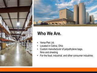 Who We Are.
• Versa Pak Ltd.
• Located in Celina, Ohio
• Custom manufacturer of polyethylene bags,
films and sheeting
• For the food, industrial, and other consumer industries
 