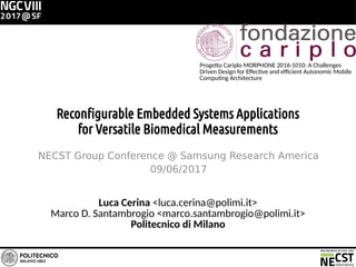Reconfigurable Embedded Systems Applications
for Versatile Biomedical Measurements
NECST Group Conference @ Samsung Research America
09/06/2017
Luca Cerina <luca.cerina@polimi.it>
Marco D. Santambrogio <marco.santambrogio@polimi.it>
Politecnico di Milano
Progetto Cariplo MORPHONE 2016-1010: A Challenges
Driven Design for Effective and efficient Autonomic Mobile
Computing Architecture
 