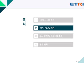 목
차
NPU 시작의 배경1
VTA 구조 및 성능2
코드 분석 및 튜토리얼 소개3
| 13 |
향후 계획4
 