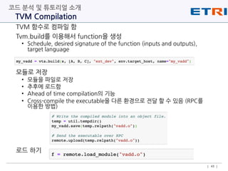 TVM 함수로 컴파일 함
Tvm.build를 이용해서 function을 생성
• Schedule, desired signature of the function (inputs and outputs),
target language
모듈로 저장
• 모듈을 파일로 저장
• 추후에 로드함
• Ahead of time compilation의 기능
• Cross-compile the executable을 다른 환경으로 전달 할 수 있음 (RPC를
이용한 방법)
로드 하기
TVM Compilation
코드 분석 및 튜토리얼 소개
| 45 |
 