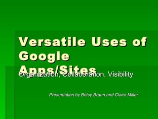 Versatile Uses of Google Apps/Sites Organization, Collaboration, Visibility Presentation by Betsy Braun and Claire Miller 
