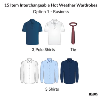 3 Shirts
2 Polo Shirts Tie
Option 1 - Business
15 Item Interchangeable Hot Weather Wardrobes
 