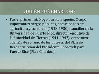 ¿QUIÉN FUÉ CHARDÓN?
• Fue el primer micólogo puertorriqueño. Ocupó
importantes cargos públicos, comisionado de
agricultura y comercio (1923-1930), canciller de la
Universidad de Puerto Rico, director ejecutivo de
la Autoridad de Tierras (1941-1942), entre otros,
además de ser uno de los autores del Plan de
Reconstrucción del Presidente Roosevelt para
Puerto Rico (Plan Chardón).
 