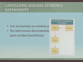 CAPITALISMO AGRARIO: ECONOMÍA
DEPENDIENTE
• Los accionistas no estaban presente.
• No intervienen directamente en los negocios,
pero reciben beneficios).
 