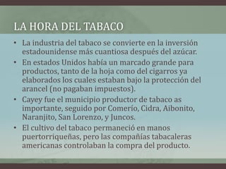 LA HORA DEL TABACO
• La industria del tabaco se convierte en la inversión
estadounidense más cuantiosa después del azúcar.
• En estados Unidos había un marcado grande para
productos, tanto de la hoja como del cigarros ya
elaborados los cuales estaban bajo la protección del
arancel (no pagaban impuestos).
• Cayey fue el municipio productor de tabaco as
importante, seguido por Comerío, Cidra, Aibonito,
Naranjito, San Lorenzo, y Juncos.
• El cultivo del tabaco permaneció en manos
puertorriqueñas, pero las compañías tabacaleras
americanas controlaban la compra del producto.
 