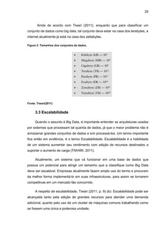 25
Ainda de acordo com Tiwari (2011), enquanto que para classificar um
conjunto de dados como big data, tal conjunto deva estar na casa dos terabytes, a
internet atualmente já está na casa dos zettabytes.
Figura 3: Tamanhos dos conjuntos de dados.
Fonte: Tiwari(2011)
3.3 Escalabilidade
Quando o assunto é Big Data, é importante entender as arquiteturas usadas
por sistemas que processam tal quantia de dados, já que o maior problema não é
armazenar grandes conjuntos de dados e sim processá-los. Um termo importante
fica então em evidência, é o termo Escalabilidade. Escalabilidade é a habilidade
de um sistema aumentar seu rendimento com adição de recursos destinados a
suportar o aumento de carga (TIWARI, 2011).
Atualmente, um sistema que vá funcionar em uma base de dados que
possua um potencial para atingir um tamanho que a classifique como Big Data
deve ser escalável. Empresas atualmente fazem amplo uso do termo e procuram
da melhor forma implementá-lo em suas infraestruturas, para assim se tornarem
competitivas em um mercado tão concorrido.
A respeito de escalabilidade, Tiwari (2011, p. 9) diz: Escalabilidade pode ser
alcançada tanto pela adição de grandes recursos para atender uma demanda
adicional, quanto pelo uso de um cluster de máquinas comuns trabalhando como
se fossem uma única e poderosa unidade.
 