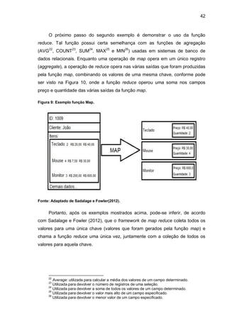 42
O próximo passo do segundo exemplo é demonstrar o uso da função
reduce. Tal função possui certa semelhança com as funções de agregação
(AVG22
, COUNT23
, SUM24
, MAX25
e MIN26
) usadas em sistemas de banco de
dados relacionais. Enquanto uma operação de map opera em um único registro
(aggregate), a operação de reduce opera nas várias saídas que foram produzidas
pela função map, combinando os valores de uma mesma chave, conforme pode
ser visto na Figura 10, onde a função reduce operou uma soma nos campos
preço e quantidade das várias saídas da função map.
Figura 9: Exemplo função Map.
Fonte: Adaptado de Sadalage e Fowler(2012).
Portanto, após os exemplos mostrados acima, pode-se inferir, de acordo
com Sadalage e Fowler (2012), que o framework de map reduce coleta todos os
valores para uma única chave (valores que foram gerados pela função map) e
chama a função reduce uma única vez, juntamente com a coleção de todos os
valores para aquela chave.
22
Average: utilizada para calcular a média dos valores de um campo determinado.
23
Utilizada para devolver o número de registros de uma seleção.
24
Utilizada para devolver a soma de todos os valores de um campo determinado.
25
Utilizada para devolver o valor mais alto de um campo especificado.
26
Utilizada para devolver o menor valor de um campo especificado.
 