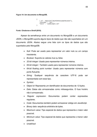 49
Figura 14: Um documento no MongoDB.
Fonte: Chodorow e Dirolf (2010).
Apesar da semelhança entre um documento no MongoDB e um documento
JSON, o MongoDB suporta alguns tipos de dados que não são suportados em um
documento JSON. Abaixo segue uma lista com os tipos de dados que são
suportados pelo MongoDB:
 Null: Pode ser usado para representar um valor nulo ou um campo
inexistente.
 Boolean: Suporta os valores true ou false.
 32-bit integer: Usado para representar números inteiros.
 64-bit integer:: Também usado para representar números inteiros.
 64-bit floating point number: Usado para representar números com
ponto flutuante.
 String: Qualquer sequência de caractere UTF-8 pode ser
representada com esse tipo.
 Symbol.
 Object id: Representa um identificador de documentos de 12-bytes.
 Date: Datas são armazenadas como milissegundos. O fuso horário
não é armazenado.
 Regular expression: Documentos podem conter expressões
regulares.
 Code: Documentos também podem armazenar código em JavaScript.
 Binary data: sequência arbitrária de bytes.
 Maximum value: Tipo especial de dados que representa o maior valor
possível.
 Minimum value: Tipo especial de dados que representa o menor valor
possível.
 Undefined
 