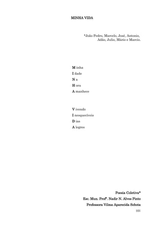 MINHA VIDA




         *João Pedro, Marcelo, José, Antonio,
                 Adão, Julio, Mário e Marcio.




M inha
I dade
Na
H ora
A manhece




V ivendo
I nesquecíveis
D ias
A legres




                             Poesia Coletiva*
         Esc. Mun. Profª. Nadir N. Alves Pinto
           Professora Vilma Aparecida Sobota
                                          101
 