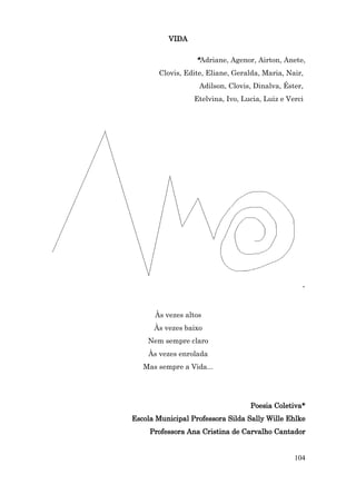 VIDA

                   *Adriane, Agenor, Airton, Anete,
        Clovis, Edite, Eliane, Geralda, Maria, Nair,
                    Adilson, Clovis, Dinalva, Éster,
                  Etelvina, Ivo, Lucia, Luiz e Verci




                                                   .



      Às vezes altos
      Às vezes baixo
    Nem sempre claro
    Às vezes enrolada
   Mas sempre a Vida...




                                   Poesia Coletiva*
Escola Municipal Professora Silda Sally Wille Ehlke
     Professora Ana Cristina de Carvalho Cantador


                                                 104
 