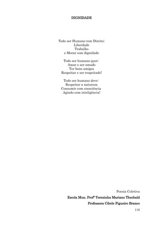 DIGNIDADE




Todo ser Humano tem Direito:
          Liberdade
          Trabalho
   e Morar com dignidade

  Todo ser humano quer:
    Amar e ser amado
     Ter bons amigos
 Respeitar e ser respeitado!

  Todo ser humano deve:
   Respeitar a natureza
 Consumir com consciência
  Agindo com inteligência!




                                    Poesia Coletiva
     Escola Mun. Profª Terezinha Mariano Theobald
                  Professora Cibele Figueiro Branco
                                               118
 