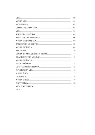 VIDA........................................................................................................   100
MINHA VIDA..........................................................................................           101
VIDA/ESCOLA........................................................................................ 102
LEMBRANÇAS DA VIDA...................................................................... 103
VIDA........................................................................................................... 104
SURPRESAS DA VIDA............................................................................. 105
RECEITA PARA VIVER BEM................................................................. 106
A VIDA É MUITO BELA.......................................................................... 107
RANCHINHO NO SERTÃO...................................................................... 108
MINHA INFÂNCIA................................................................................... 109
BELA VIDA............................................................................................... 110
MINHA INFÂNCIA E MINHA VISÃO................................................... 111
QUANDO EU ERA MENINO.................................................................. 112
MINHA INFÂNCIA.................................................................................. 113
MEU COMÉRCIO.................................................................................... 114
MEU TEMPO DE CRIANÇA................................................................... 115
A PUREZA DA VIDA............................................................................... 116
A VIDA É BOA......................................................................................... 117
DIGNIDADE............................................................................................. 118
A VIDA É BELA....................................................................................... 119
A NATUREZA........................................................................................... 120
VIDA E NATUREZA................................................................................ 121
VIDA......................................................................................................... 122




                                                                                                                      12
 