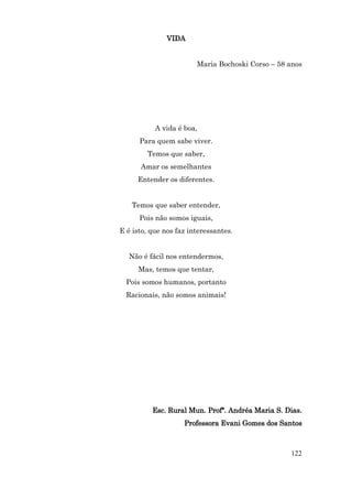 VIDA


                        Maria Bochoski Corso – 58 anos




           A vida é boa,
      Para quem sabe viver.
        Temos que saber,
      Amar os semelhantes
     Entender os diferentes.


   Temos que saber entender,
      Pois não somos iguais,
E é isto, que nos faz interessantes.


  Não é fácil nos entendermos,
     Mas, temos que tentar,
  Pois somos humanos, portanto
  Racionais, não somos animais!




          Esc. Rural Mun. Profª. Andréa Maria S. Dias.
                    Professora Evani Gomes dos Santos



                                                  122
 