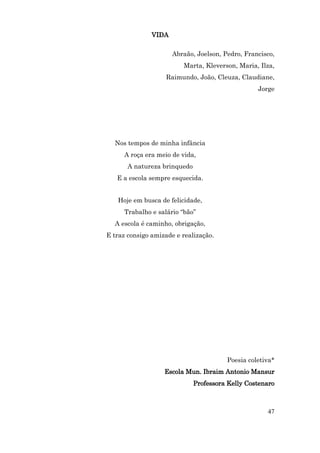 VIDA

                      Abraão, Joelson, Pedro, Francisco,
                         Marta, Kleverson, Maria, Ilza,
                    Raimundo, João, Cleuza, Claudiane,
                                                  Jorge




  Nos tempos de minha infância
      A roça era meio de vida,
       A natureza brinquedo
   E a escola sempre esquecida.


   Hoje em busca de felicidade,
      Trabalho e salário “bão”
  A escola é caminho, obrigação,
E traz consigo amizade e realização.




                                        Poesia coletiva*
                   Escola Mun. Ibraim Antonio Mansur
                              Professora Kelly Costenaro



                                                     47
 