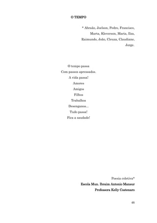 O TEMPO


             * Abraão, Joelson, Pedro, Francisco,
                     Marta, Kleverson, Maria, Ilza,
            Raimundo, João, Cleuza, Claudiane,
                                            Jorge.




    O tempo passa
Com passos apressados.
    A vida passa!
       Amores
       Amigos
        Filhos
      Trabalhos
    Desenganos...
     Tudo passa!
   Fica a saudade!




                                   Poesia coletiva*
            Escola Mun. Ibraim Antonio Mansur
                        Professora Kelly Costenaro


                                                48
 