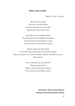 MINHA VIDA É ASSIM


                                              Marta S. Guido – 40 anos


                        Minha vida era assim
                     Eu morava em Ouro Branco
                 Era bom, mas tinha uma coisa ruim
                   Emprego não havia lá para mim.


                 Ouro Branco é uma cidade histórica
            Cheia de heróis como: Aleijadinho, Tiradentes
               E muita gente que não deixaram os seus
               Nomes escritos na história dessa cidade.


                   Mesmo sendo uma linda cidade
         Foi em São Paulo onde fui procurar minha felicidade
Mais que engano eu vivi muita violência e falta de moradia foi o que eu
                            Encontrei ali.


                 Foi em Araucária que me encontrei
                        Emprego logo arrumei
                 Filhos e uma família linda eu formei
                E foi assim que a felicidade eu achei.




                                   Escola Mun. Ibraim Antonio Mansur
                                Professora Neiva Kopruchinski da Rosa

                                                                      50
 
