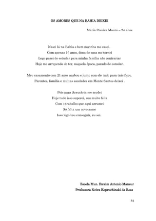 OS AMORES QUE NA BAHIA DEIXEI

                                        Maria Pereira Moura – 24 anos




              Nasci lá na Bahia e bem novinha me casei.
             Com apenas 16 anos, dona de casa me tornei
       Logo parei de estudar para minha família não contrariar
     Hoje me arrependo de ter, naquela época, parado de estudar.


Meu casamento com 21 anos acabou e junto com ele tudo para trás ficou.
    Parentes, família e muitas saudades em Monte Santos deixei .


                    Pois para Araucária me mudei
                Hoje tudo isso superei, sou muito feliz
                  Com o trabalho que aqui arrumei
                        Só falta um novo amor
                   Isso logo vou conseguir, eu sei.




                                   Escola Mun. Ibraim Antonio Mansur
                                Professora Neiva Kopruchinski da Rosa


                                                                    54
 