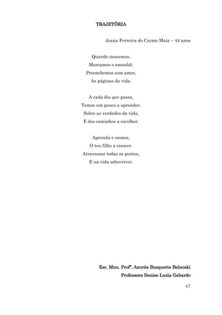 TRAJETÓRIA


           Joana Ferreira do Carmo Maia – 44 anos


    Quando nascemos,
   Marcamos o amanhã.
  Preenchemos com amor,
    As páginas da vida.


   A cada dia que passa,
Temos um pouco a aprender.
Sobre as verdades da vida,
E dos caminhos a escolher.


    Aprenda e ensina,
   O teu filho a crescer.
Atravessar todas as pontes,
   E na vida sobreviver.




       Esc. Mun. Profª. Azuréa Busquette Belnoski
                   Professora Denise Luzia Gabardo

                                               67
 