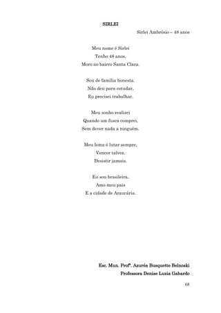 SIRLEI
                            Sirlei Ambrósio – 48 anos


    Meu nome é Sirlei
      Tenho 48 anos,
Moro no bairro Santa Clara.


  Sou de família honesta.
  Não deu para estudar,
  Eu precisei trabalhar.


    Meu sonho realizei
Quando um fusca comprei,
Sem dever nada a ninguém.


 Meu lema é lutar sempre,
      Vencer talvez.
     Desistir jamais.


    Eu sou brasileira,
      Amo meu país
 E a cidade de Araucária.




       Esc. Mun. Profª. Azuréa Busquette Belnoski
                  Professora Denise Luzia Gabardo

                                                  68
 