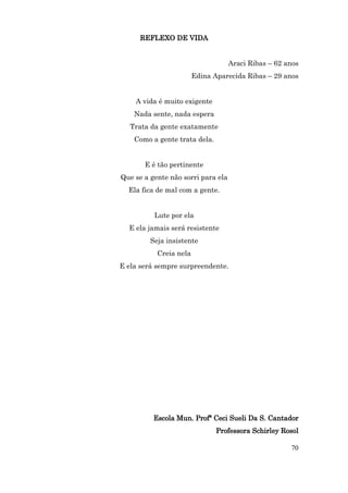 REFLEXO DE VIDA


                                    Araci Ribas – 62 anos
                        Edina Aparecida Ribas – 29 anos


    A vida é muito exigente
    Nada sente, nada espera
   Trata da gente exatamente
    Como a gente trata dela.


       E é tão pertinente
Que se a gente não sorri para ela
  Ela fica de mal com a gente.


          Lute por ela
  E ela jamais será resistente
         Seja insistente
           Creia nela
E ela será sempre surpreendente.




          Escola Mun. Profª Ceci Sueli Da S. Cantador
                               Professora Schirley Rosol

                                                      70
 