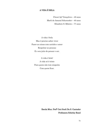 A VIDA É BELA


                           Cleusi Apª Gonçalves – 48 anos
                 Marli do Amaral Schoroeder – 40 anos
                              Elizabete S. Ribeiro – 77 anos




           A vida é bela
    Mas é preciso saber viver
Fazer as coisas com carinho e amor
       Respeitar as pessoas
   E o seu jeito de pensar e ser.


          A vida é bela!
         A vida só é triste
  Para quem não tem ninguém
         Com quem ficar.




           Escola Mun. Profª Ceci Sueli Da S. Cantador
                                  Professora Schirley Rosol



                                                         71
 