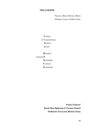 VIDA E MORTE

                   *Izaura, Maria Dinorá, Maria
                   Olímpia, Laura, Golberi José.




      V itória
    Cr I ação divina
       D ádiva
       A mor


      M istério
Lament O
      R ealidade
      T risteza
      E sperança




                               Poesia Coletiva*
       Escola Mun Egipciana S. Carrano Paraná
           Professora Vera Lucia Martins Viana



                                             80
 