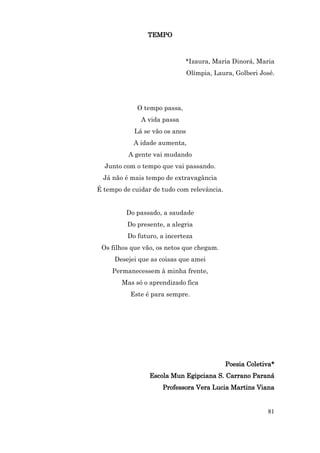 TEMPO



                              *Izaura, Maria Dinorá, Maria
                                Olímpia, Laura, Golberi José.




             O tempo passa,
              A vida passa
            Lá se vão os anos
           A idade aumenta,
          A gente vai mudando
  Junto com o tempo que vai passando.
  Já não é mais tempo de extravagância
É tempo de cuidar de tudo com relevância.


         Do passado, a saudade
         Do presente, a alegria
         Do futuro, a incerteza
 Os filhos que vão, os netos que chegam.
     Desejei que as coisas que amei
    Permanecessem à minha frente,
        Mas só o aprendizado fica
          Este é para sempre.




                                            Poesia Coletiva*
                 Escola Mun Egipciana S. Carrano Paraná
                     Professora Vera Lucia Martins Viana


                                                          81
 