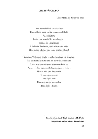 UMA INFÂNCIA BOA


                                   João Maria de Jesus- 55 anos




           Uma infância boa, trabalhando.
      Pouca idade, mas muita responsabilidade
                   Não estudava
         Junto com o trabalho amadurecia...
               Sonhos na imaginação
      E ao invés de caneta, uma enxada na mão.
     Hoje estou adulto, mas como sonhar é bom!


Nasci em Telêmaco Borba – trabalhando de carpinteiro.
   Saí de minha cidade sem ter medo da felicidade
      A procura da sorte nos campos do Paraná.
    Aparecendo a oportunidade, consegui estudar.
              Depois vim pra Araucária
                 E agora moro aqui
                   Um lugar bom
              E espero nunca me mudar
                 Tudo aqui é lindo.




                       Escola Mun. Profª Eglé Cordeiro M. Pinto
                             Professora Aríete Maria Smanhotto

                                                            87
 