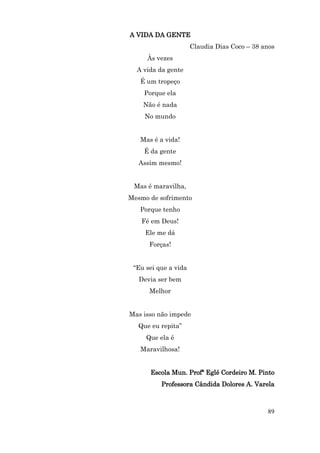 A VIDA DA GENTE
                      Claudia Dias Coco – 38 anos
     Às vezes
  A vida da gente
   É um tropeço
    Porque ela
    Não é nada
     No mundo


   Mas é a vida!
    É da gente
   Assim mesmo!


 Mas é maravilha,
Mesmo de sofrimento
   Porque tenho
    Fé em Deus!
     Ele me dá
      Forças!


 “Eu sei que a vida
   Devia ser bem
      Melhor


Mas isso não impede
   Que eu repita”
     Que ela é
   Maravilhosa!


      Escola Mun. Profª Eglé Cordeiro M. Pinto
          Professora Cândida Dolores A. Varela



                                              89
 