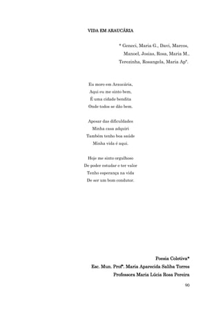 VIDA EM ARAUCÁRIA


                  * Geneci, Maria G., Davi, Marcos,
                    Manoel, Josias, Rosa, Maria M.,
                  Terezinha, Rosangela, Maria Apª.




  Eu moro em Araucária,
  Aqui eu me sinto bem,
   É uma cidade bendita
  Onde todos se dão bem.


  Apesar das dificuldades
    Minha casa adquiri
 Também tenho boa saúde
    Minha vida é aqui.


  Hoje me sinto orgulhoso
De poder estudar e ter valor
 Tenho esperança na vida
 De ser um bom condutor.




                                   Poesia Coletiva*
   Esc. Mun. Profª. Maria Aparecida Saliba Torres
               Professora Maria Lúcia Rosa Pereira

                                                 90
 